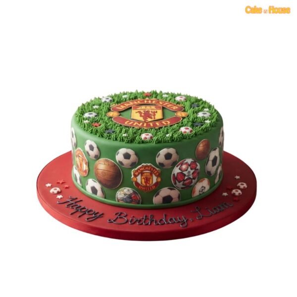 Green Manchester United football pitch cake with piped grass, club crest, assorted football graphics and miniature ball decorations