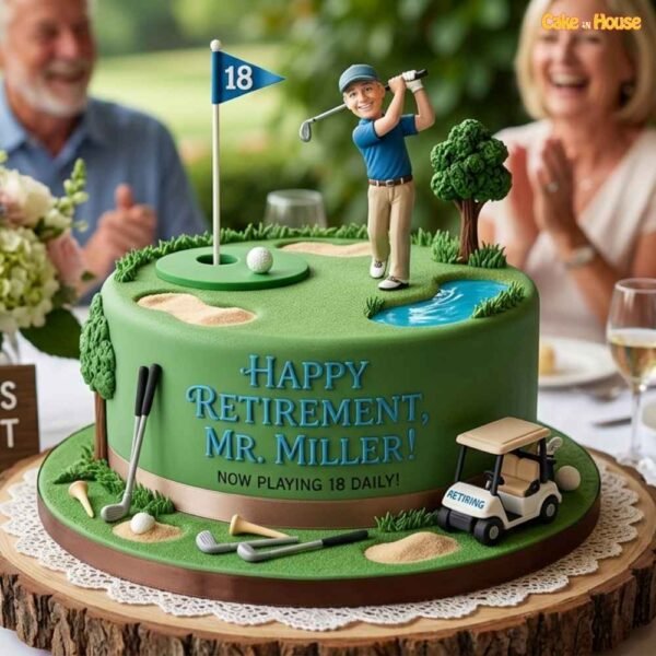 Mr Miller Golf Par-Tee Retirement Cake with golfer topper, 18th hole flag, golf cart, clubs, putting green and personalised retirement message