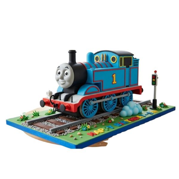 3D Thomas the Tank Engine birthday cake with blue cartoon train, railway track, signal light and custom kids cake design