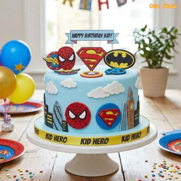 Kid Hero Spider-Man Superman Batman birthday cake with superhero logos, city skyline, clouds and custom kids cake design