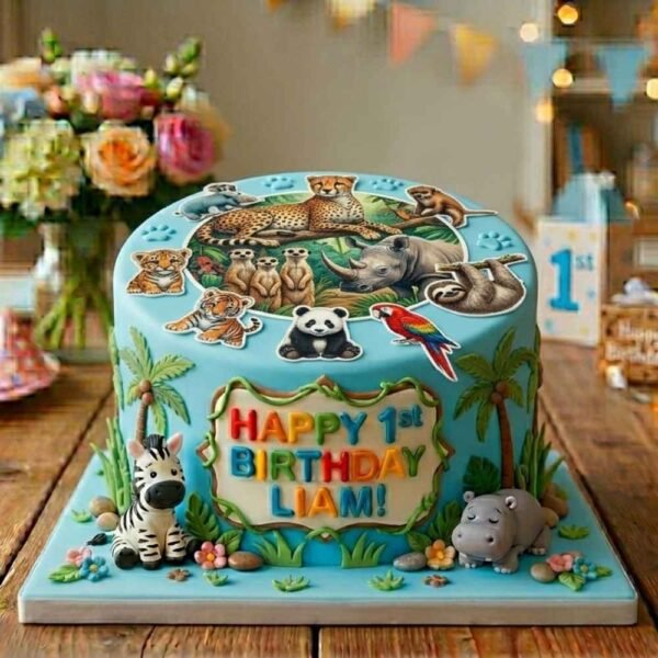 Jungle theme 1st birthday cake with safari animals, blue icing, palm trees and personalised birthday message
