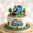 King’s blue train 1st birthday cake with smiling train topper, railway tracks, trees, flowers and personalised birthday message