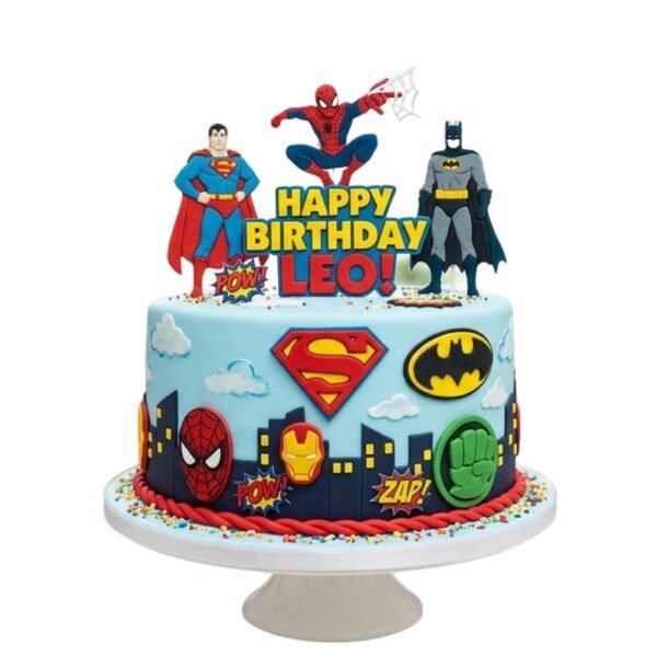 Leo superhero squad 5th birthday cake with Spider-Man, Superman, Batman, Iron Man, Hulk details and city skyline design