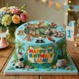 Liam jungle animal birthday cake with blue icing, safari prints, zebra, hippo, palm trees and colourful message