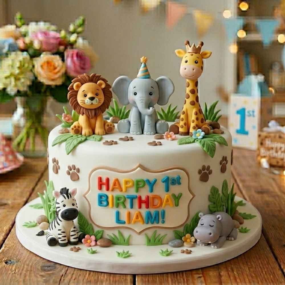 Liam safari 1st birthday cake with lion, elephant, giraffe, zebra, hippo, jungle leaves and colourful message