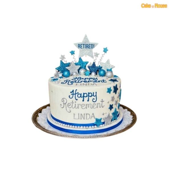 Elegant retirement celebration cake with blue and silver glitter stars, personalised Linda message, pearl border and sparkling retired topper