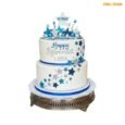 Linda two-tier sparkling stars retirement cake with blue and silver star toppers, pearl borders and personalised Happy Retirement message