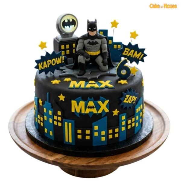 Max Dark Knight Batman birthday cake with black icing, Batman topper, Gotham city skyline, bat signal and superhero details