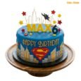 Max Superman Skyline 6th birthday cake with blue fondant, Superman logo, flying superhero topper, city skyline and stars