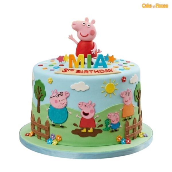 Mia Peppa Pig garden birthday cake with cartoon pig toppers, colourful name letters, sunshine, clouds, trees and flowers