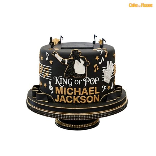 Michael Jackson King of Pop cake with black and gold design, music notes, dance silhouette, white glove and stage ribbon detail