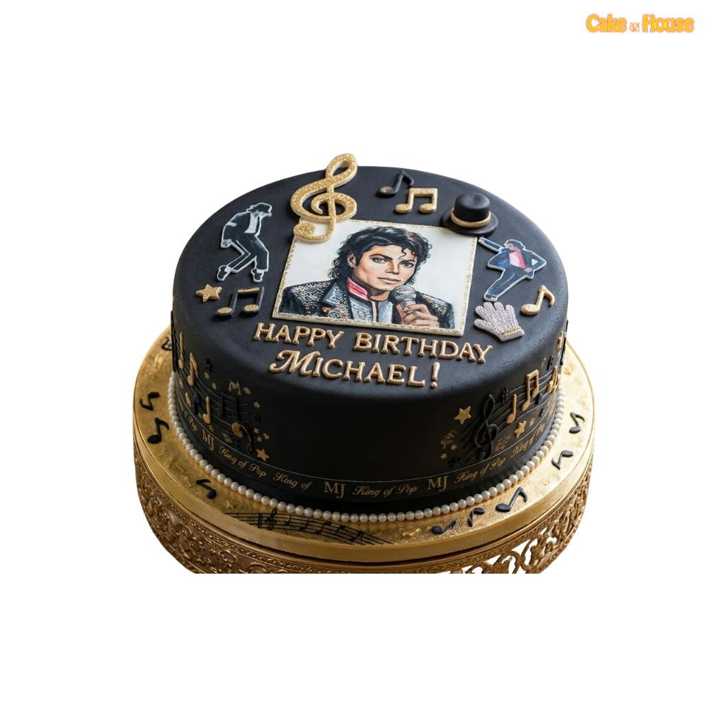 Michael Jackson portrait birthday cake with black fondant, gold treble clef, music notes, hat, glove and dance pose details