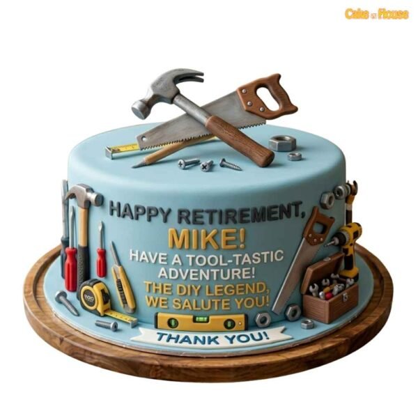 Mike Tool-Tastic DIY retirement cake with hammer, saw, drill, screwdriver, toolbox, screws and personalised farewell message