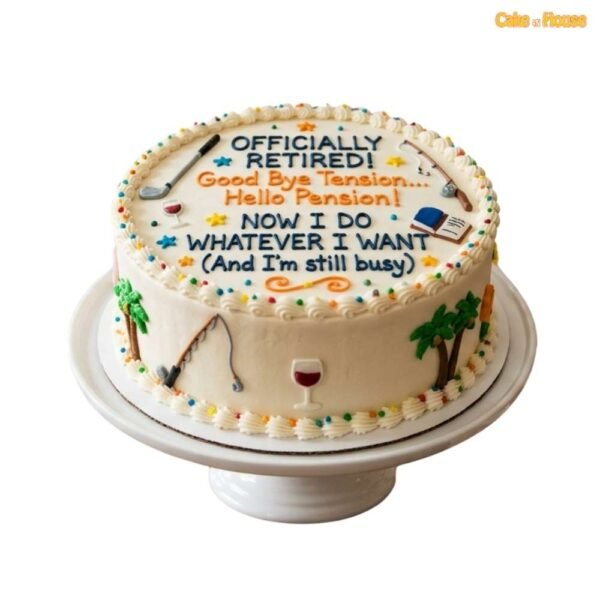 Officially Retired funny pension cake with retirement message, colourful sprinkles, golf, fishing, wine, book and holiday details
