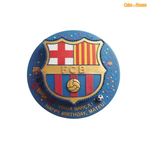 FC Barcelona badge-shaped cake on a blue board with colourful sprinkles, raised club details, miniature scarf, football and personalised wording