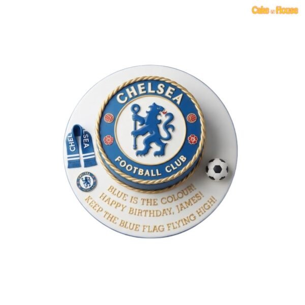 Chelsea FC club crest-shaped birthday cake in blue, white and gold with rope edging, miniature scarf, football and personalised message
