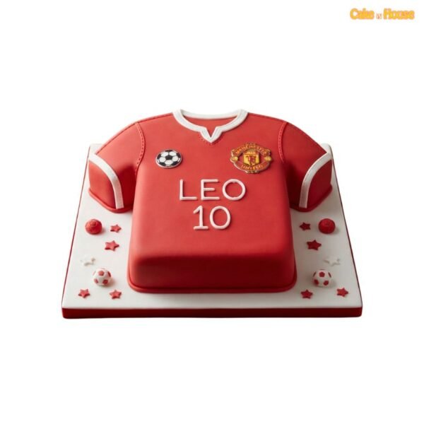 Red Manchester United football shirt-shaped birthday cake with white trim, club crest, football badge and custom name and age