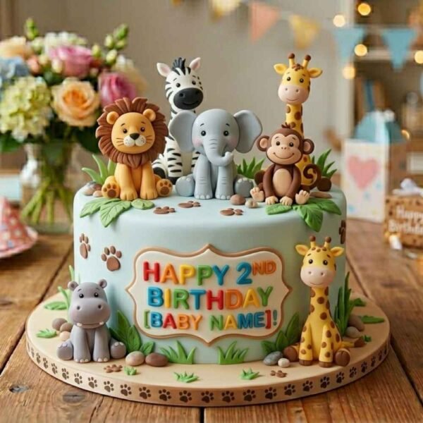 Safari animals 2nd birthday cake with lion, zebra, elephant, monkey, giraffe, hippo and personalised message