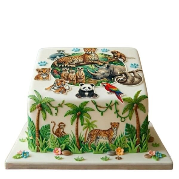 Safari print jungle birthday cake with animal prints, palm trees, vines, jungle leaves and colourful safari animals