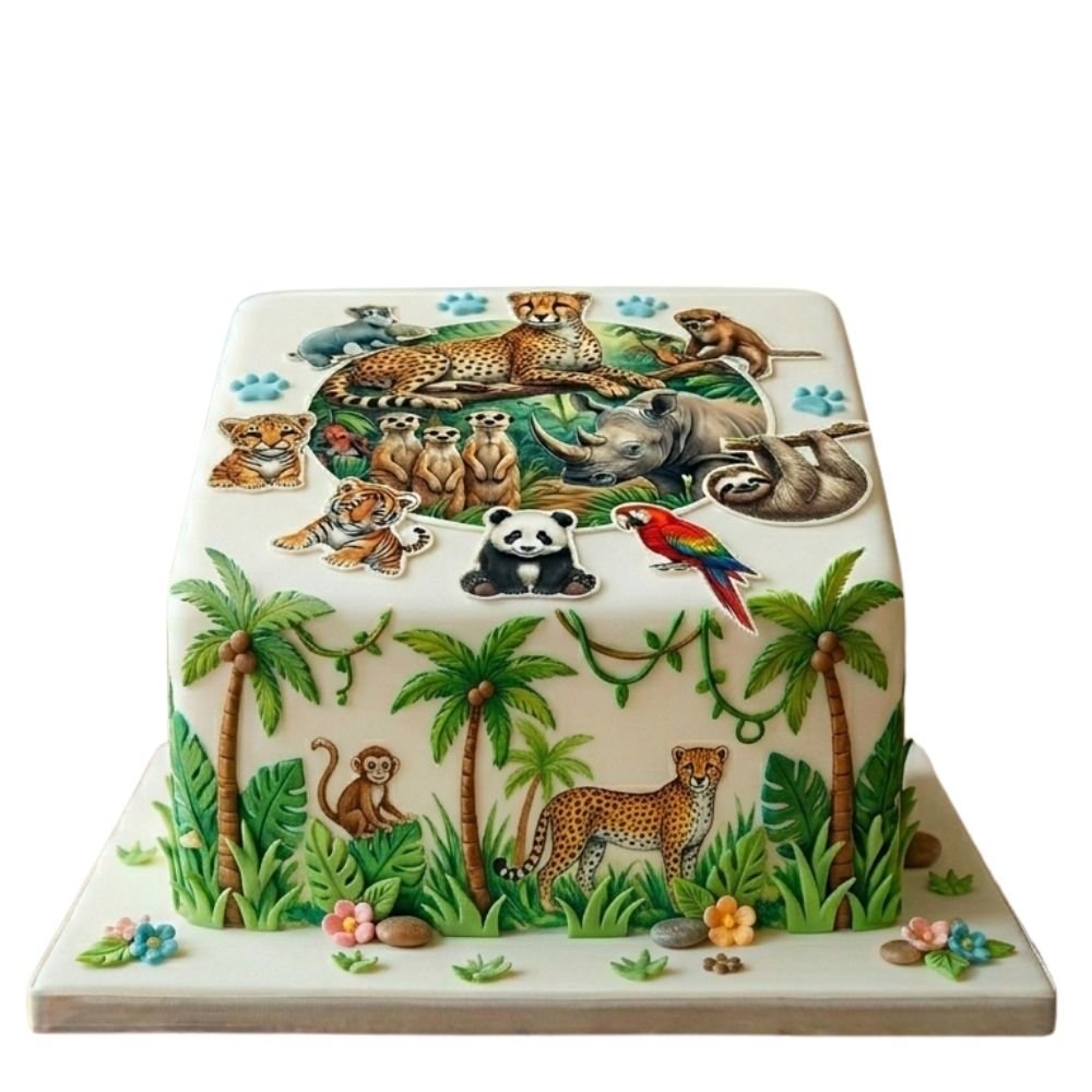 Safari print jungle birthday cake with animal prints, palm trees, vines, jungle leaves and colourful safari animals