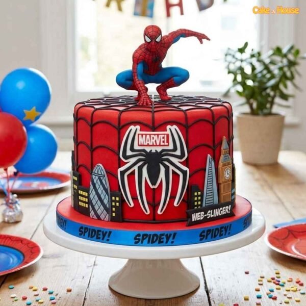Spider-Man Web Slinger birthday cake with red web design, superhero topper, Marvel-style spider logo and city skyline