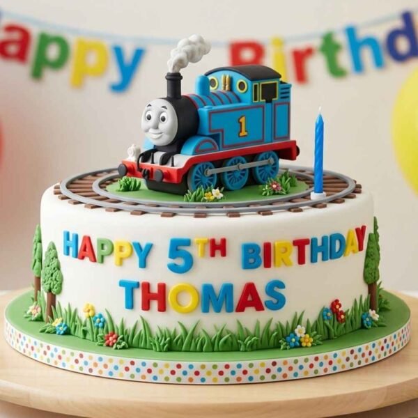 Thomas the Tank Engine 5th birthday cake with blue cartoon train topper, railway track, colourful lettering and candle
