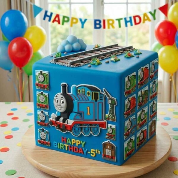 Thomas the Tank Engine cube birthday cake with blue icing, cartoon train panels, railway track topper and colourful 5th birthday message