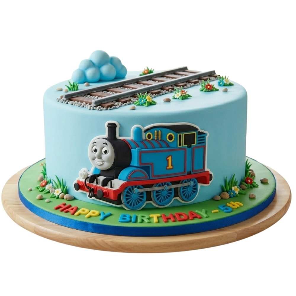 Thomas the Tank Engine track topper birthday cake with blue icing, railway track detail, Thomas plaque and colourful birthday lettering