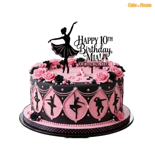 Ballerina dancing star 10th birthday cake with pink black design, ballet silhouettes, flowers, music notes and custom topper