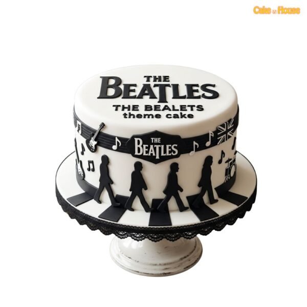 Beatles Abbey Road silhouette cake with black-and-white walkway, band silhouettes, guitar, drum, music notes and Union Jack detail