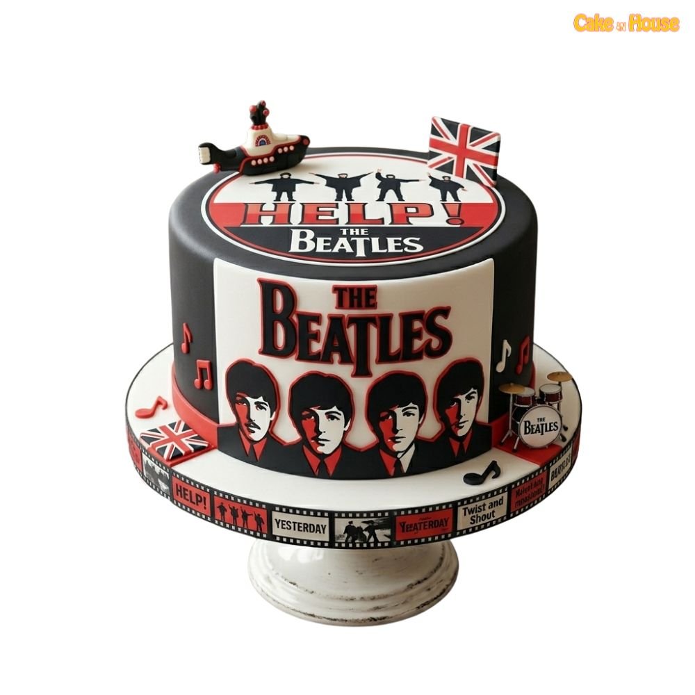 Beatles Help album birthday cake with black and red design, Beatles portrait artwork, Union Jack flags, drum set and music notes