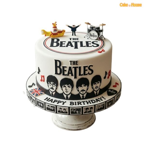 Beatles Yellow Submarine band cake with portrait artwork, drum set, Union Jack flag, music notes and photo strip border