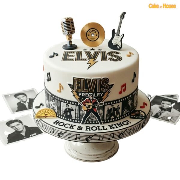 Elvis Presley Rock and Roll King cake with microphone, guitar, gold record, music notes, film strip and retro music artwork