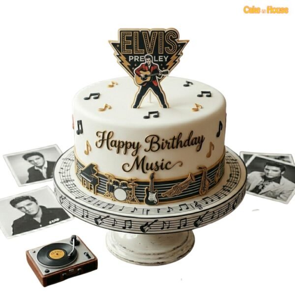Elvis rock music birthday cake with Elvis-inspired topper, guitar, drum, piano, trumpet, music notes and musical staff border