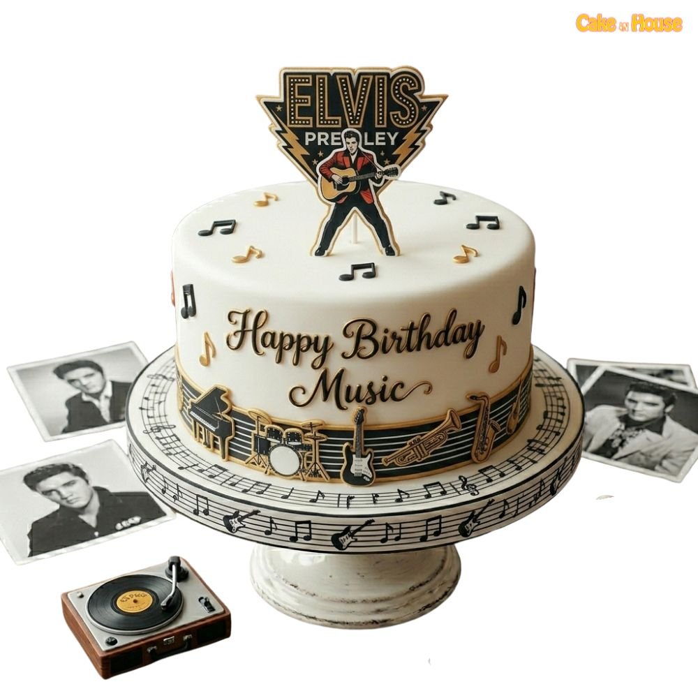 Elvis rock music birthday cake with Elvis-inspired topper, guitar, drum, piano, trumpet, music notes and musical staff border