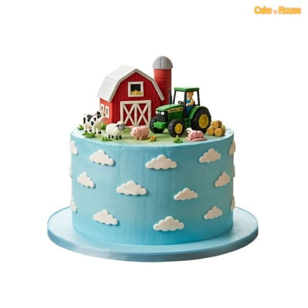 Farmyard barn tractor birthday cake with red barn, green tractor, cow, sheep, pig, hay bales and blue sky icing