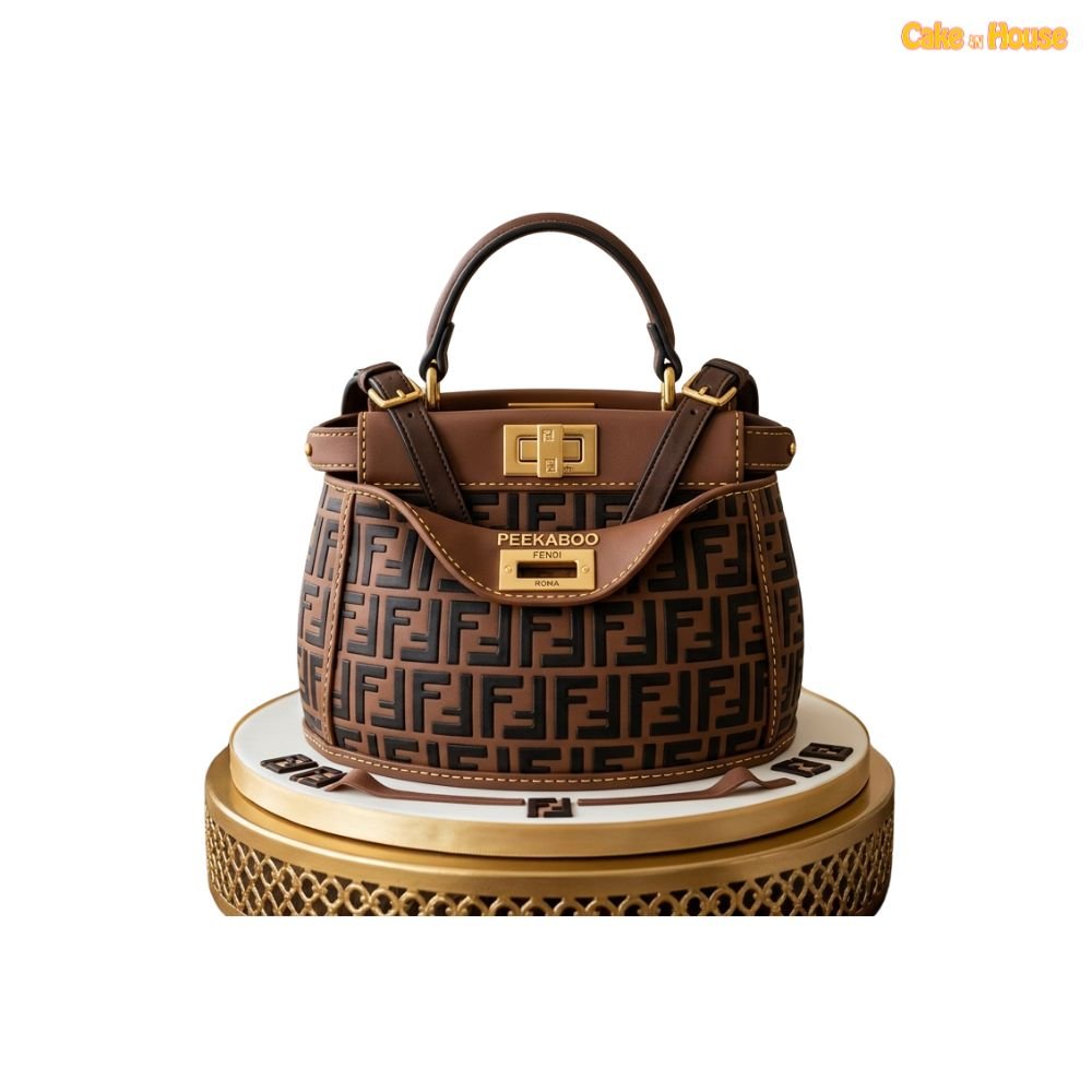 Fendi Peekaboo handbag cake with brown monogram pattern, gold hardware, stitched straps and luxury designer bag design