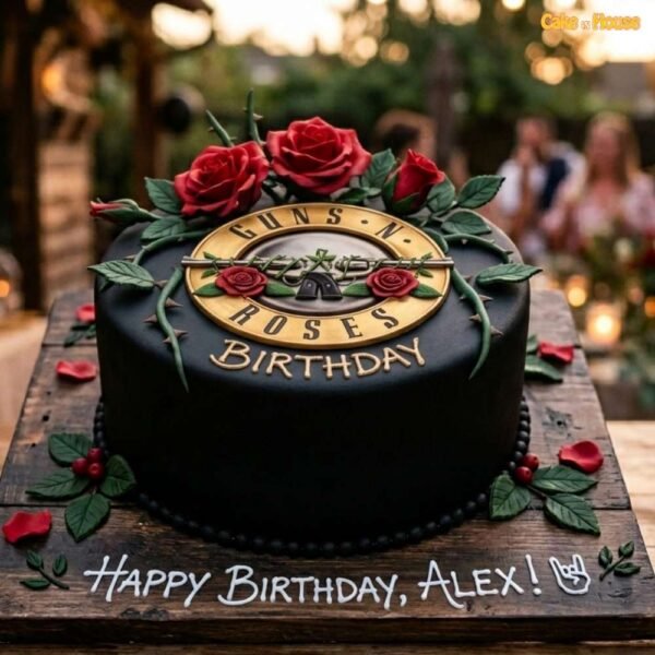 Guns N’ Roses red rose music cake with black icing, rose toppers, thorn vines, gold logo detail and birthday message