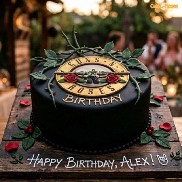Guns N’ Roses rock band birthday cake with black fondant, red roses, thorn vines, gold logo detail and personalised message