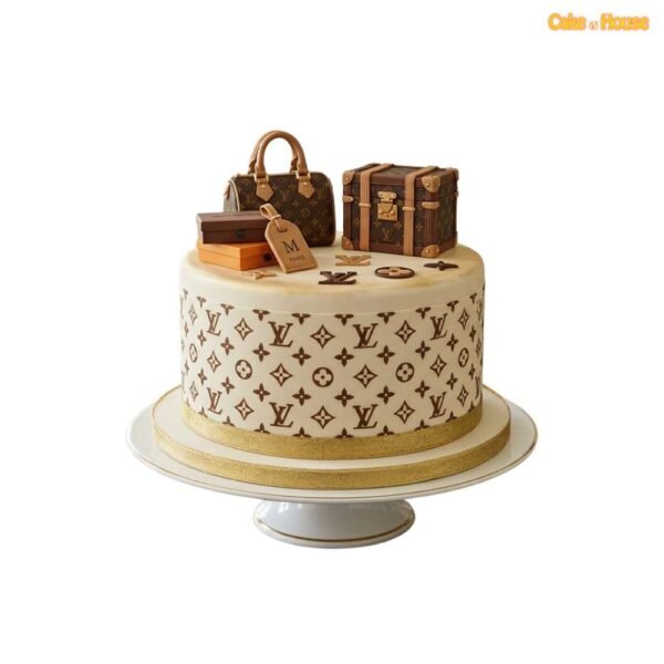 Louis Vuitton travel luggage cake with LV inspired monogram, suitcase toppers, handbag, gift boxes, luggage tag and gold details