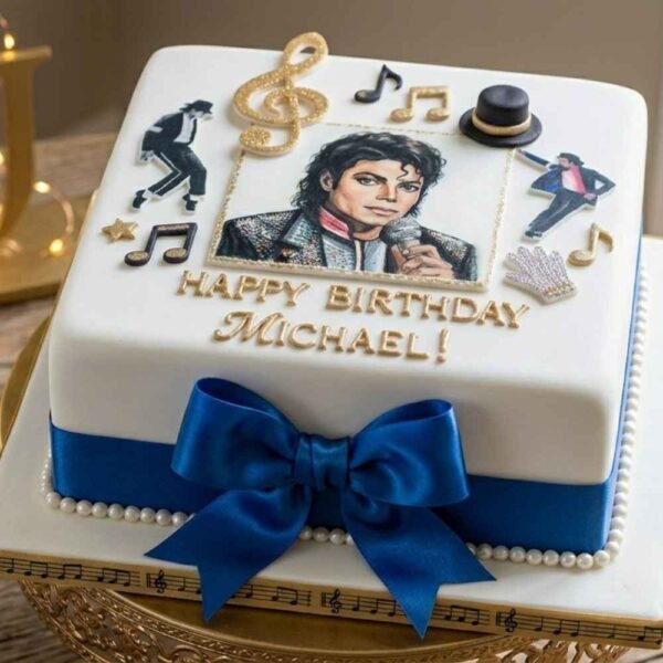 Pop star music theme birthday cake with blue ribbon, gold music notes and personalised message