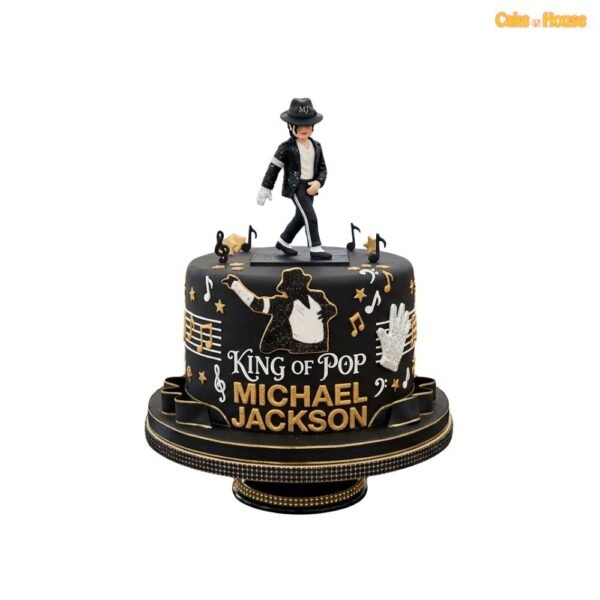 Michael Jackson figurine music cake with black and gold King of Pop design, dance silhouette, white glove and music notes