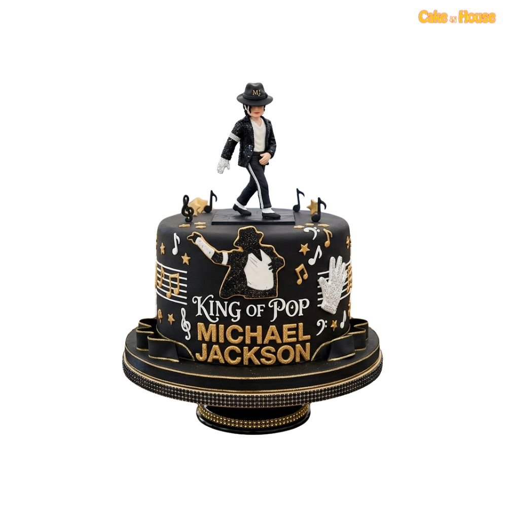 Michael Jackson figurine music cake with black and gold King of Pop design, dance silhouette, white glove and music notes