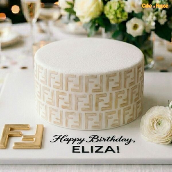 Minimal Fendi monogram birthday cake with ivory icing, beige pattern, gold logo detail, white flower and personalised message