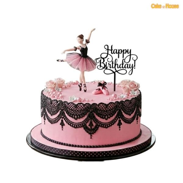 Pink ballerina lace birthday cake with dancer topper, ballet shoes, roses, pearl details and black lace piping