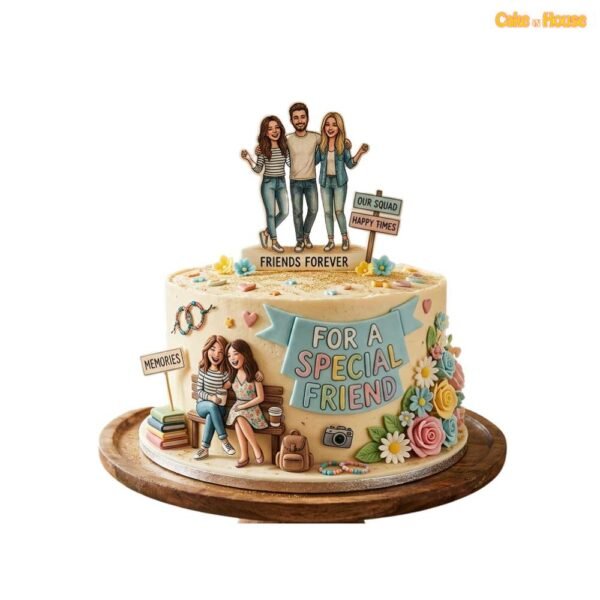 Special friend celebration cake with illustrated friends, flowers, memories sign, camera, books, backpack and friendship topper